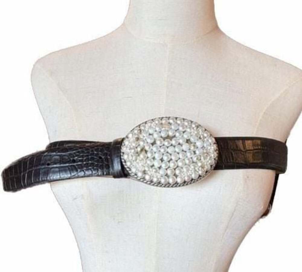 Vintage Ivan Western Belt Set Mother of Pearl Buckle Buckle & Bling Leather Stra - Picture 1 of 9